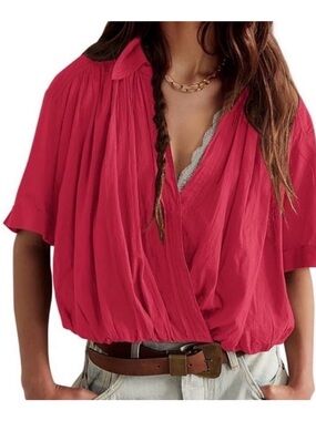 Free People Raspberry Red Draped Surplice Crop Top